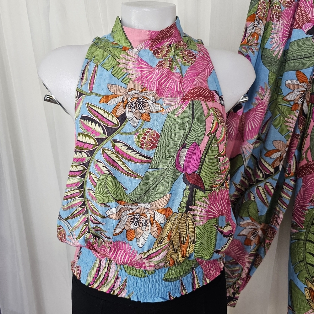 Rachel Roy Tropical Floral Two-Piece Set High Neck Top Wide Leg Bottom Size S/M - Picture 2 of 9